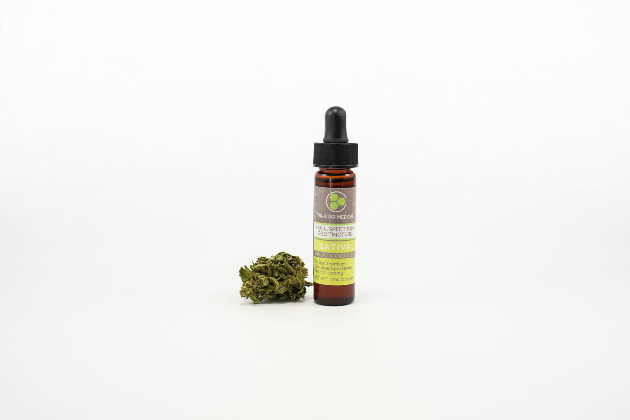 Tri-Star Medical Premium Sativa Full-Spectrum CBD Tincture 300mg. Image of tincture bottle with a hemp flower bud.